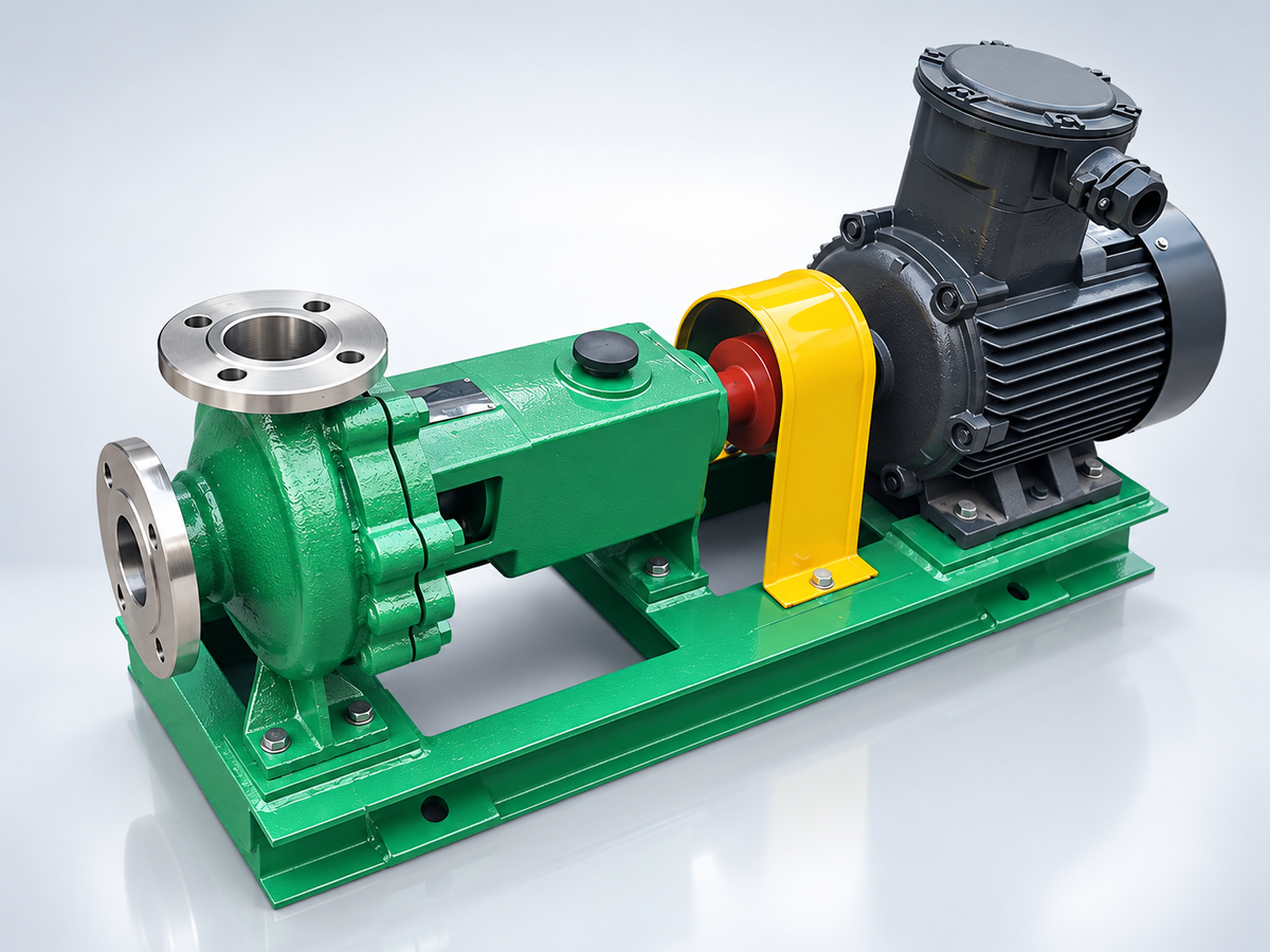 Green chemical pump with yellow coupling guard and dark motor
