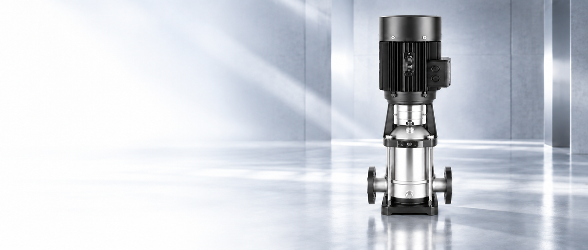 Stainless steel vertical multistage pump with black motor and two side connections